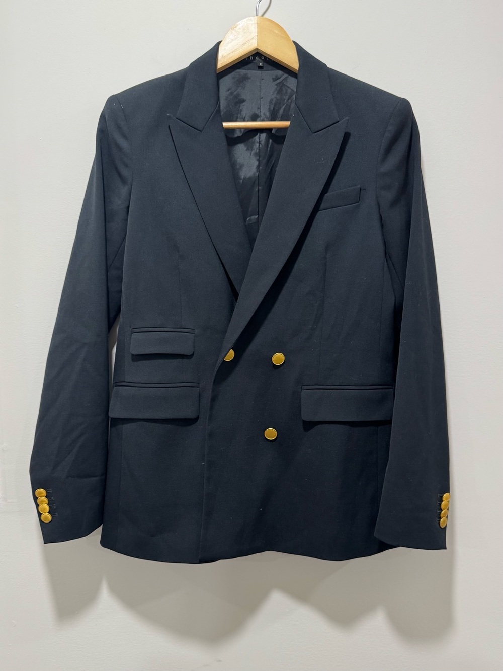 Theory Classic Navy Double Breasted Padded Blazer Jacket Gold Buttons Size 8